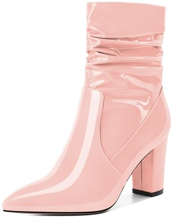 EDEFS Damen Knöchelwickel Stiefel Spitze Zehe Chunky HeelSeitenreißverschluss Mode Party Pink Lack Stiefel 3.4 Inch/8.5cm Größe EU35
