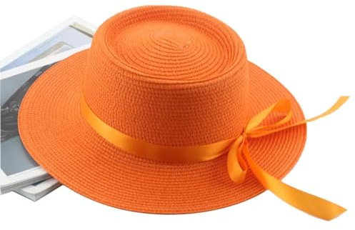 Chapeau Paille Chapeaux pour Femmes Solide Dôme Rond Haut Ruban Bowknot Luxe Plage en Plein Air Soleil Chapeaux Femmes Chapeau 56-58Cm Orange