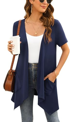 Wiwclo Plus Size Cardigan for Women Lightweight Short Sleeve Draped Cardigans Open Front Kimono Jacket with Pockets Casual Duster Vest Shrug Top,2XL