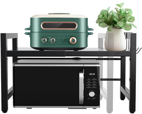 DONJIM Expandable Microwave Shelf, Microwave Stand with Side Hooks, Heavy Duty Microwave Shelf Stand, Kitchen Storage Rack for Microwave Oven, Black Over Microwave Shelf Water&Rust Proof