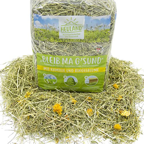 HEULAND® Premium Heu Bleib ma G´sund mit Kamille und Ringelblume Frisches Bergwiesenheu für Kleintiere Kaninchen Kräuter Hamster Streu Meerschweinchen Futter Zwergkaninchen Hasen (500g (10er Pack))