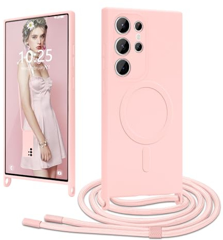 Ethanger Coque Magnétique pour Samsung Galaxy S23 Ultra avec Cordon, Rose | Housse de Protection Compatible avec MagSafe en Silicone TPU Etui Case Ultra Fine