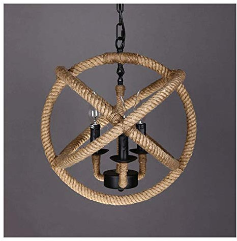 HMASNSEIY Industrial Chandelier, 3 Light Retro Style Metal Hemp Rope Globe Cage Round Pendant Lamp Fixture Pendant Lamp Chandelier,D530mm Made in China
