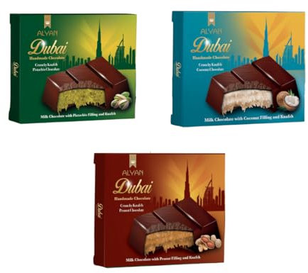 Dubai Chocolat Paquet cadeau | Paquet de dégustation 3 x 100 g | 3 variétés différentes pistache, noix de coco et cacahuète | Paquet surprise Chocolat & Kadayif (cheveux d'ange) Noël + autocollants