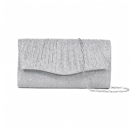 TTPSRY Elegante Abendtasche Damen Clutch Umhängetasche Klein Handtasche Brauttasche mit Glitzer und Abnehmbarer Kette(Silber)
