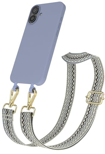EAZY CASE - Hülle mit Band kompatibel mit iPhone 16 Plus Handyhülle für iPhone 16 Plus Schutzhülle Silikonhülle mit Handykette zum Umhängen 2in1 Hülle Handykordel Wellen - Beige Blau Metall Gold