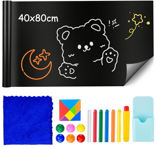 WEFHEF 40x80cm Magnetisch Tafelfolie Selbstklebend Kreidefolie Kreidetafel Magnetfolie Selbstklebend Magnettafel Schwarz für glatten Oberflächen Schule Büro Haus mit 6staublose Kreide 4Magneten Tuche