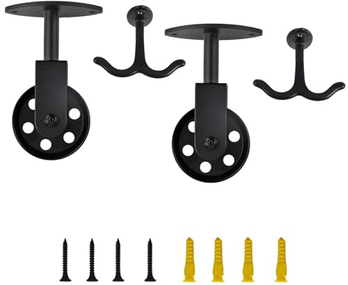 SEEBLEN Black Duty Ceiling Mount Hook Set with Pulley Wheel, Black Metal Hardware Kit, 2 Hooks and 8 Mounting Screws, Ceiling/Wall Mount Hanging Pulleys for DIY
