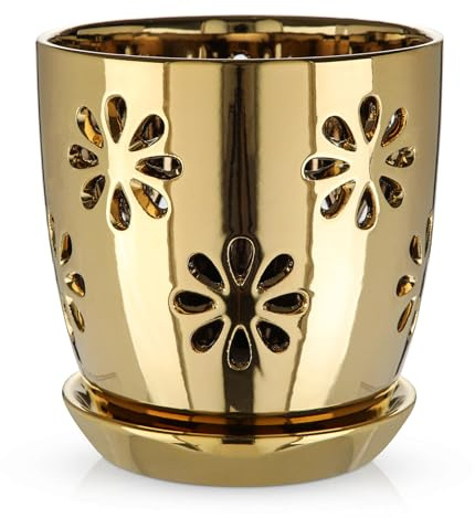 Oairse Pot de fleurs creux en céramique de 15 cm de diamètre avec trou de drainage et soucoupe - Pot en céramique pour plantes d'intérieur - Décoration rétro pour les ensembles de conteneurs de jardin