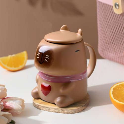 Capybara Keramik Kaffeetasse Teetasse Mit Deckel, 400ml Lustige Tassen Kaffeebecher Personalisiert Cappuccino Tassen Geschenk für Frauen, Junge, Mädchen, Sohn, Tochter, Kind Beste Freundin