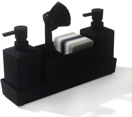 4-in-1 Spüli Seifenspender Set Küche (Schwarz), Spülbecken Organizer mit Schwammhalter, Bürste Abtropfschale, 350ML Spülmittelspender Doppelseifenspender, Praktisches Küchengadget für Spüle Bad