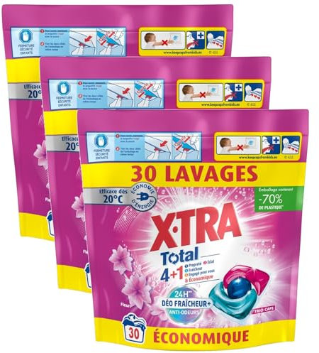 X-TRA Lessive Trio-Capsule Total Déo Fraîcheur+ Fleuri - Lot de 3 x 30
