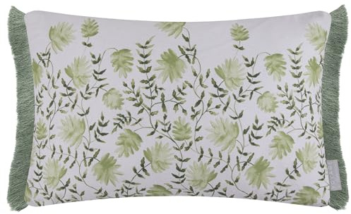 Voyage Maison Elai Feather Filled Cushion – Watercolour Floral Block Print Ruche Trim Boho Country Décor (Sage - 40x60cm)