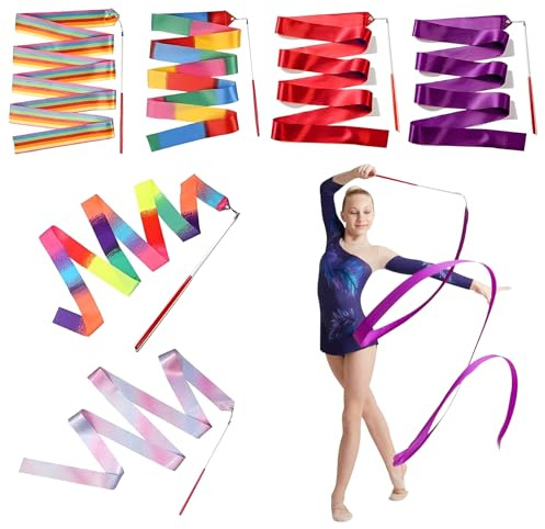 MHYMX Gymnastikband mit Stab, 6 Stück Tanzband 2M Gymnastikbänder Regenbogenfarben Rhythmische Sportgymnastik Band Tanzbänder für Künstlerische Tanzgymnastik Tanztraining Talentshow