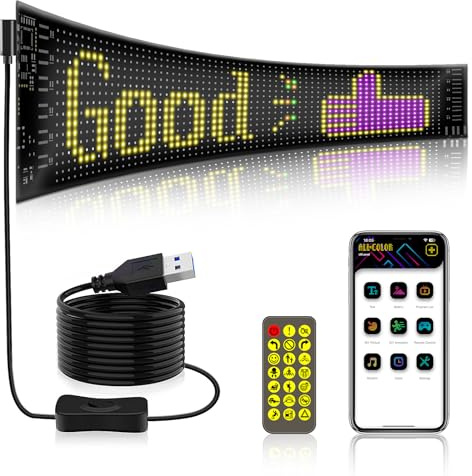 NEWFUN LED Laufschrift Anzeigetafel Programmierbar – Bluetooth RGB Für Auto | 120 × 595 mm · 5 V/2 A USB · via Bluetooth App steuerbar · RGB-frei einstellbar · für Auto Scheibe / Shopfenster / Werbung