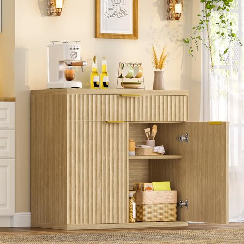TEENFON 80 cm Sideboard mit Geriffelte Türen & Goldenen Griffen, Buffetschrank mit Arbeitsplatte, Küchenschrank mit Große Schublade & Verstellbaren Regal, für Wohnzimmer, Flur, 80 x 38 x 80 cm, Eiche