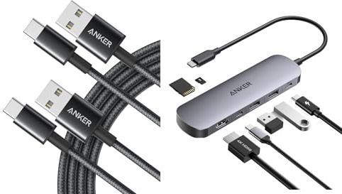 Anker USB C Charger Cable, 2-Pack 10 ft (3 m) USB to USB C Cable, USB A to USB C Braided Phone Charger Cable & USB C Hub (7-in-1,3xUSBA & C 3.0 Data Ports,4K@60Hz USB C to HDMI Splitter)