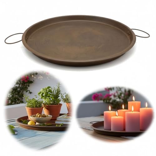 LS-LebenStil XL Vintage Metall Deko-Tablett Delhi - 42x42cm - Tragegriffe - Rost Braun Zinktablett Kerzen-Teller Kerzentablett Küchentablett Deko Schale Teetablett Geschirr Getränke Serviertablett