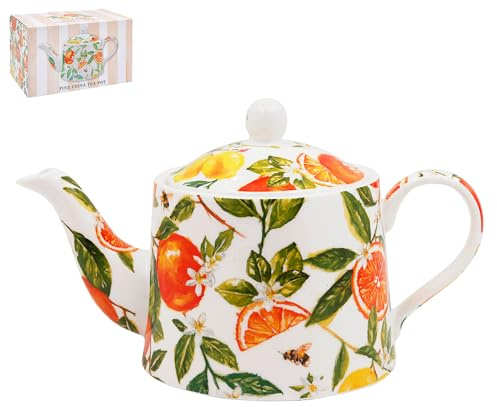 The Leonardo Collection JR Fine China Oranges & Lemons Tea Pot 600ml | Fine China Construction, Decorative Citrus Design, Everyday Tea Serving, Ideal for Home and Office Use