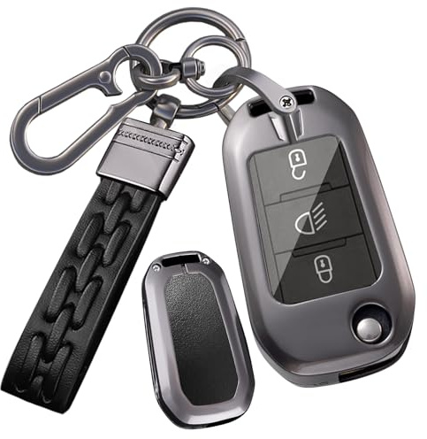 Rondrive Coque de clé Convient pour Fiat Doblo K9 Grande Panda Scudo 2024 2025 2026 Métal Cuir Clé de Voiture Housse pour P-eugeot 308 208 2008 308SW 508 Protection de clé Porte-clés C Noir