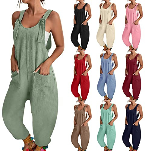 Combinaison Femme Ete Fluide, Salopette Femme D'Été Coton Chic Et Fluide Combinaison Longue Baggy Bretelles Sans Manches Coupe Ample Pantalon Confortable Poches Décontractée Jumpsuit De Plage