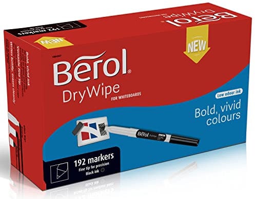 Berol Dry Wipe Whiteboard Marker Pens Fine Tip Black Low-Odour Ink 192 Dry Erase Markers