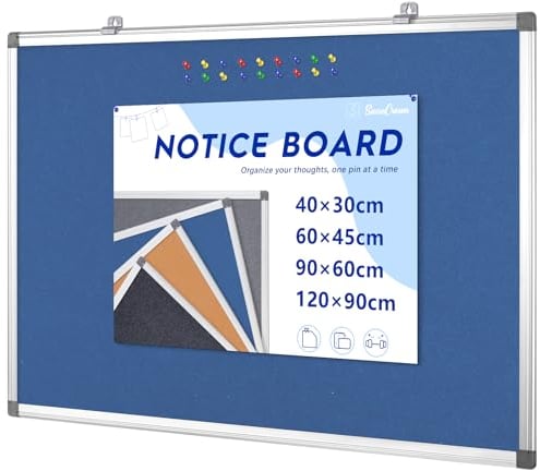 Swansea Pinnwand Memoboard mit Aluminiumrahmen für Notizen, Fotos und Aushänge, Blau Filzoberfläche, 90X60cm