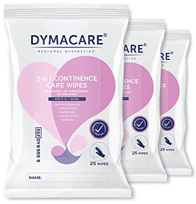 DYMACARE 5 in 1 Continence Care Wipes | Adult Scented Premium Disposable Incontinence Cloths | Skin Cleansing Wipes with Barrier Protection | 3 Packs (75 Wipes in Total)