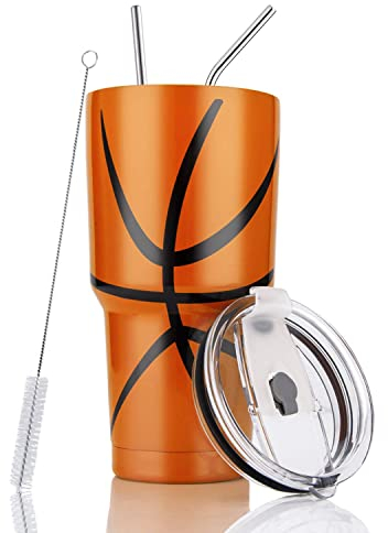 Joyclub 30oz Basketball Tumbler Double Wall Stainless Steel Vacuum Insulated Tumbler Cup Travel Mug with Lid, Straw and Cleaning Brush for Coach ( Basketball )