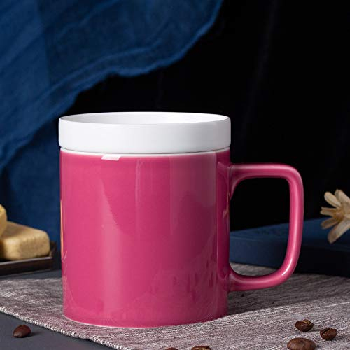 qingci Tea Cup Ceramic Mug With Lid Biscuit Plate 301-400ml Magenta + Lid