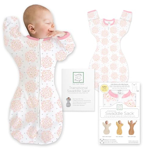 SwaddleDesigns Transitional Swaddle Sack, Arms Up Half-Length Sleeves & Mitten Cuffs, Swaddle for Newborn Transition to Baby Sleep Sack Wearable Blanket, 0-3 month, 6-14 lb, Heavenly Floral Pink