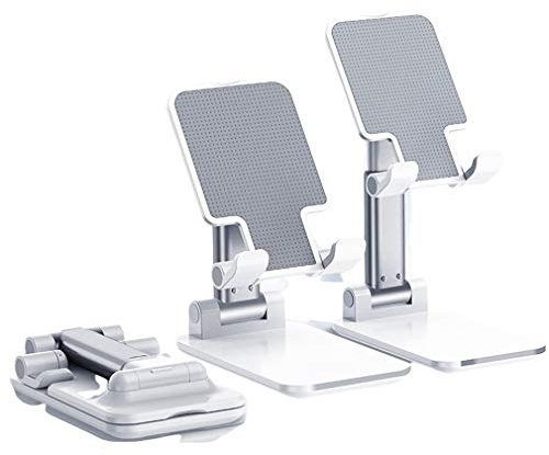Fold Mobile Phone Stand for Desk, Aluminum Alloy Portable Tablet Stand Desktop Angle Height Adjustable Desktop Phone Holder with Mobile Phone/iPad/Kindle/Tablet-White