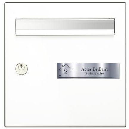 Plaque boite aux lettres adhésive PVC | Plaque gravée à personnaliser 10 x 2,5 cm 1 à 3 lignes sans supplément (Gris métallisé/texte noir) + Logo Maison + numéro de domicile personnalisé