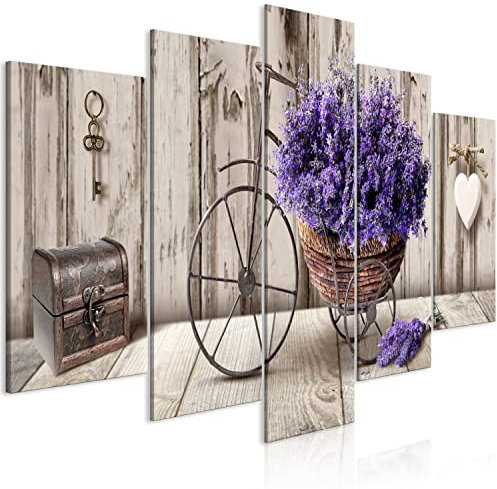 B&D XXL Acrylglasbild Blumen 100x50 cm 5 Teilig Wandbild auf Acryl Glasbilder Kunstdruck Moderne Acrylglas Platte Wanddekoration Geschenke Heimdekoration Glasbild Lavendel Holzoptik Herz Fahrrad
