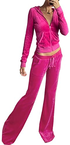 HBER Women's 2 Piece Velour Tracksuit Set Heart Print Long Sleeve Zipper Hoodie Cropped Jacket and Sweatpants Y2K Sweatsuit Set (B-Pink, Large)
