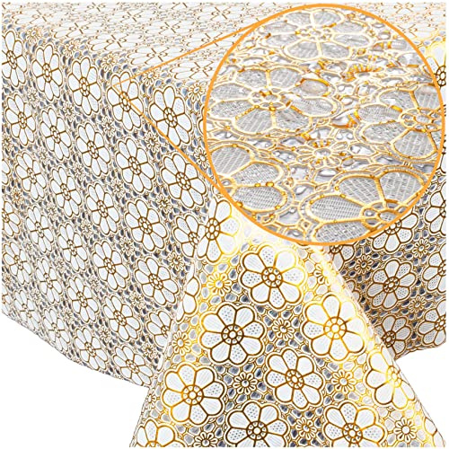 ANRO Tischdecke abwaschbar Wachstuch Lace Vinyl Häkel Spitze Optik 100 x 138cm Blumen Gold abwischbar Wachstuchtischdecke Wachstischdecke wasserabweisend Gartentischdecke Meterware pflegeleicht