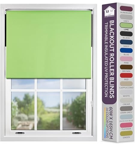 FURNISHED Blackout Roller Blind with Metal Fittings Trimmable Insulated Thermal Fabric Heavy-duty Easy Install Brackets Window Roller Blinds - Lime Green, 235W x 210H cm