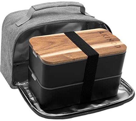 Akinod - Bento Box + Lunch Bag Isotherm 11H58 - Bento Wasserdicht, Doppeltes Fach, schwarz - Tasche mit Verstärktem Griff, grau - Spülmaschinenfest, Gefrierschrankfest, Mikrowellenfest - 1,4 L