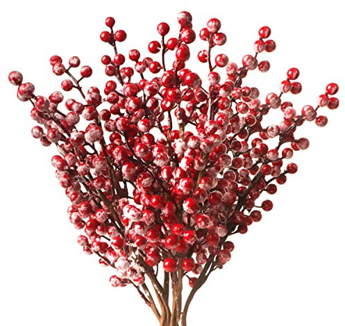10 Stück Weihnachten Rote Beerenstiele, Verschneite rote Beeren weinrot Beeren Stiele verschneite Beeren Zweige für Weihnachtsbaum Weihnachten Kranz Urlaub Saison Winter Heimdekoration