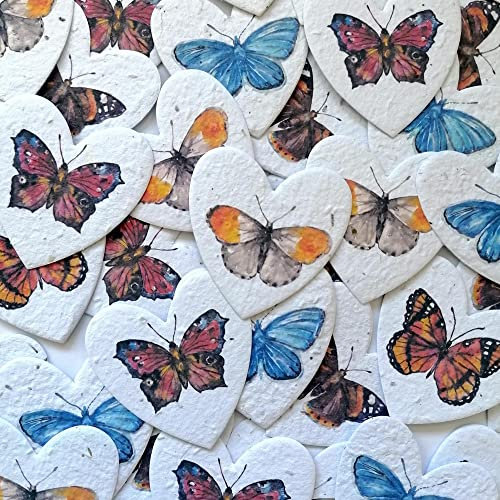 Revive a Bee Plantable Seed Paper Hearts (Pack of 50), Printed Assorted Butterfly Wildflower Seeded Paper Rewilding Aid for Weddings, Parties, Funerals