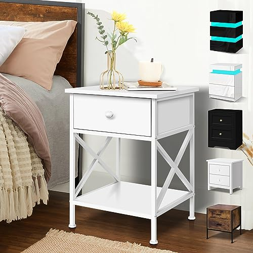 ELFORDSON White Bedside Table, Wooden Side Table Nightstands with Metal Frame for Bedroom, End Tables Side Cabinets with 1 Storage Drawer and Open Shelf for Living Room