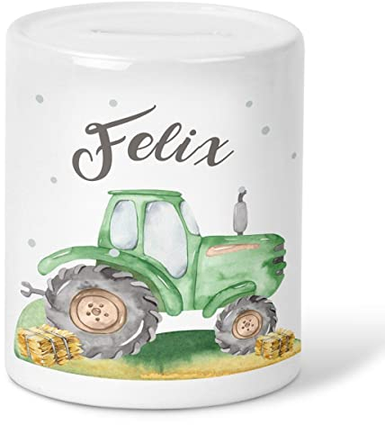 MIKALINO Premium Keramik Jungs-Spardose personalisierbar - Keramik Spardose weiß mit Traktor Motiv - Kinder Spardose - Sparschwein Kinder - Spardose mit Name - Geschenk
