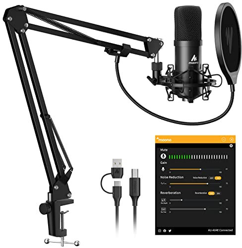 MAONO Podcast Microphone, USB Computer Mic for PC with Software, Boom Arm and Shock Mount for Singing, Recording, Streaming, Gaming, YouTube (AU-A04E) Black