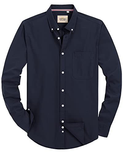 J.VER Men's Oxford Shirt Long Sleeve Regular Fit Non Iron Button Down Smart Casual Dress Shirts for Men Adult with Pocket Navy L