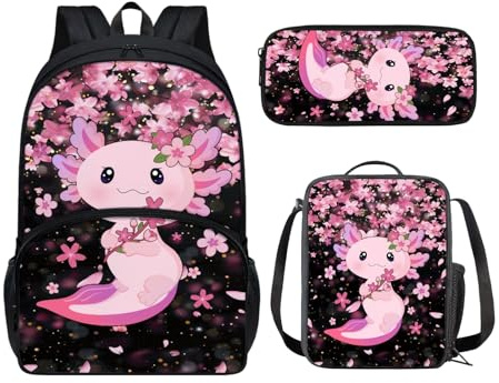 Yuuxorilu Rucksack-Sets Kinder Büchertasche Grundschule Tagesrucksack, Kirschblüte und Axolotl, Rucksack, Freizeit, Reisen