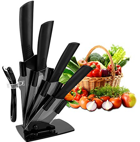 CORESLUX Ceramic Knife Set, Kitchen Chef Set Vegetable Bread Super Sharp Five Piece, 6''Chef Knife, 5''Utility 4''Fruit 3''Paring 1''Peeler, Rust Proof Stain Resistant, All Black (LK-CK00-001)