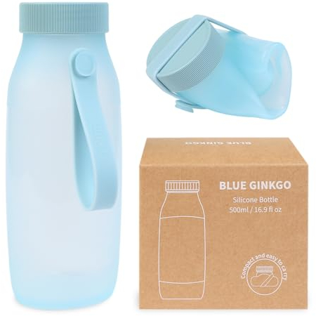 BLUE GINKGO Zusammenklappbare Wasserflasche – Leichte, faltbare Silikonflasche für Reisen, Wandern und Camping (500ml, Hergestellt in Korea, Blau)