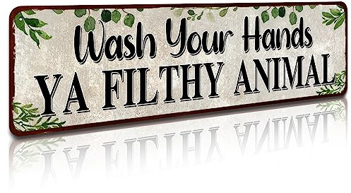 Wash Your Hands Ya Filthy Animal Sign,Funny Bathroom Wall Art, Green Plant Tin Plaques For Kitchen Toilet Home Decor(4''x 16'')