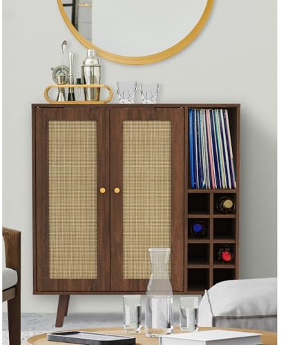 Atlantic Loft & Luv Remy Boho Mid-Century Barschrank mit natürlichen Rattanplatten mit Stauraum, Walnuss-Optik