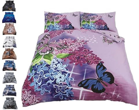 3D Animal PRINTED DUVET COVER SET -Wildlife Theme Pattern Comforter Reversible Bedding Cover Sets + Pillowcase - Soft Quilt Bedding Pure Natural Cotton Virgin Polyester (Floral Butterfly, Double)